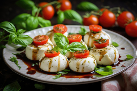 A simple and delicious dish of mozzarella and tomatoes served on a white plate., Mozzarella cheese balls with tomatoes and basil, AI Generatedの素材