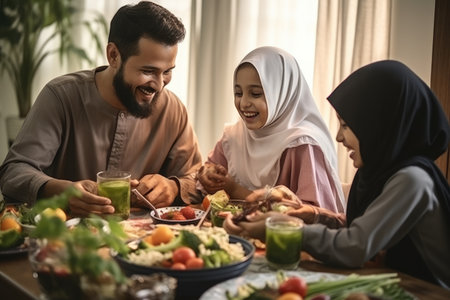 A diverse group of individuals gathered around a table, enjoying a meal together., Muslim family eating food and enjoying together in happiness in the living room, AI Generatedの素材