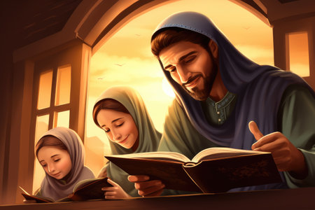 A heartwarming painting capturing a man as he reads a book to a young girl., muslim family reading Quran and praying at home, AI Generatedの素材