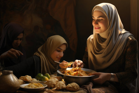 An intimate portrayal of a woman and child engrossed in a shared meal, capturing the beauty of familial connection., Muslim woman sharing food at Ramadan feast, AI Generatedの素材