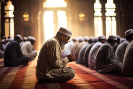 A group of men sitting together on the floor of a mosque while participating in a prayer gathering., Muslim men praying during Ramadan, AI Generatedの素材