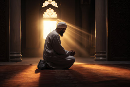 A man sits on the ground in front of a doorway., Muslim man praying, AI Generatedの素材