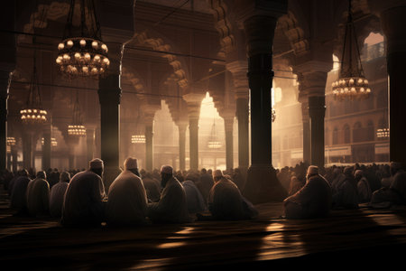 A diverse group of individuals sitting on the floor of a building engaged in conversation and activities., Muslim men praying during Ramadan, AI Generatedの素材