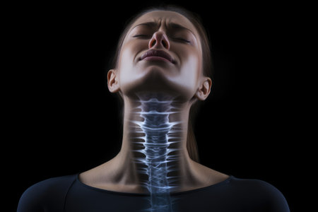 An image depicting a womans neck where the skeleton is visible, providing a visual representation of human anatomy., Neck pain or Cervical posture syndrome, AI Generatedの素材