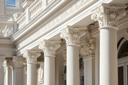 A row of elegant white columns adorns the facade of a building, showcasing a timeless architectural feature, Neoclassical architectural elements in a modern building, AI Generatedの素材