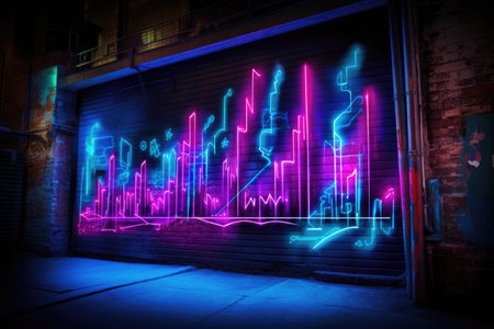 A striking urban building adorned with vivid neon lights illuminating the surroundings, Neon graffiti version of a rising stock market graph, AI Generatedの素材