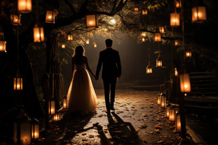 A romantic photo of a bride and groom holding hands under a beautiful display of lanterns, Newly wed couple walking down a lantern-lit path, AI Generatedの素材