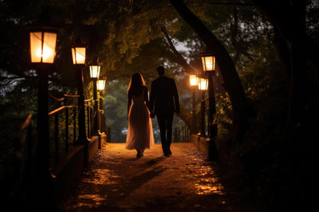 A stunning image capturing the romantic scene of a bride and groom walking along a path illuminated by moonlight, Newly wed couple walking down a lantern-lit path, AI Generatedの素材