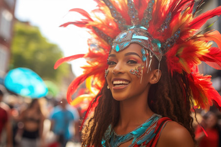 A woman beaming with happiness as she sports a vibrant and lively headdress., Notting Hill carnival performer, AI Generatedの素材