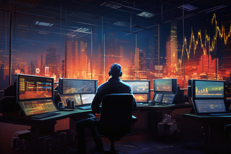 A man sits in front of several computer monitors, focused on his work., Oil and gas trading floor with traders analyzing charts, monitoring prices, AI Generatedの素材