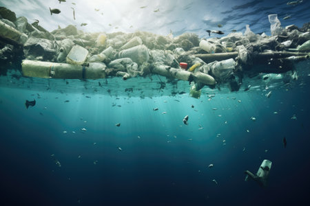 Widespread Problem, Massive Collection of Trash Plaguing the Ocean, Ocean pollution caused by plastic bottles and microplastics, AI Generatedの素材