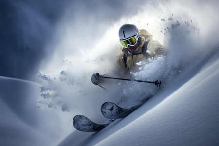 A man swiftly glides down a snow-covered slope, skillfully maneuvering on his skis., Offpiste skiing in deep powder snow, AI Generatedの素材