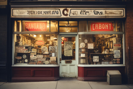 A store front that is filled with various signs, creating a visually striking and bustling sight, Old storefront with vintage signage, AI Generatedの素材