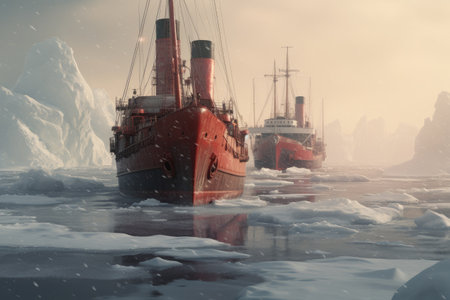 A vivid painting depicting two ships trapped in icy conditions, depicting the challenges faced during Arctic exploration., Old vessels navigating through icy waters in the North Pole, AI Generatedの素材