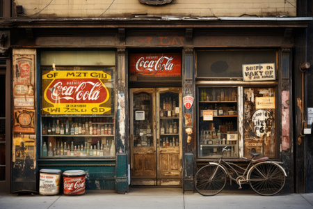 A store front with a bicycle parked outside, showcasing an urban scene with city life and street view, Old storefront with vintage signage, AI Generatedの素材