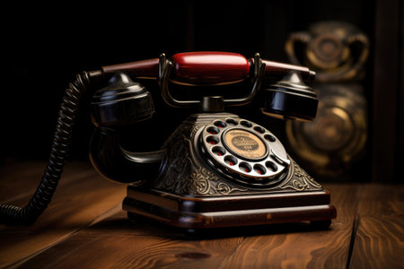 An antique telephone placed on a rustic wooden surface, adding a touch of nostalgia to any setting, Old-fashioned rotary phone on a rustic wooden table, AI Generatedの素材