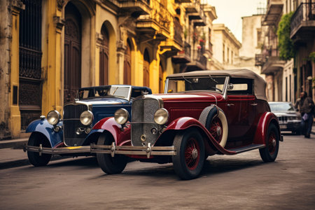 Two aged vehicles parked on the roadside, reminiscent of bygone days., Old vintage cars on a historic city street, AI Generatedの素材