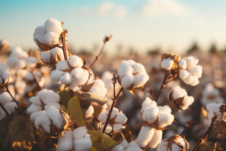 A cotton plant abundant with white flowers, Organic cotton plants in a field with picked cotton nearby, AI Generatedの素材