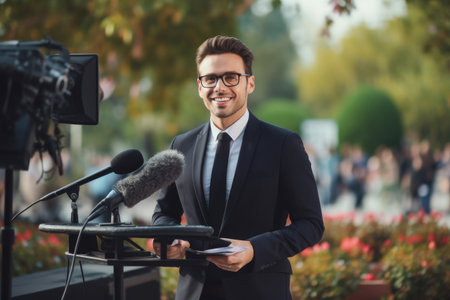 Professional man in a suit delivering a speech at a podium using a microphone., a female TV reporter presenting the news outdoors, AI Generatedの素材