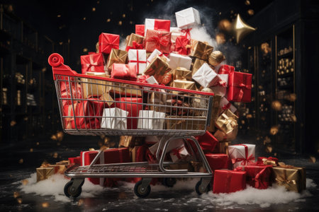 A shopping cart brimming with an assortment of gifts suitable for any celebration or event, Overflowing shopping cart packed with gift-wrapped boxes, AI Generatedの素材