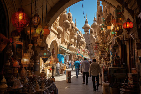 A diverse group of individuals is seen walking together down a tight and confined urban street., Ornate Arabian architecture amidst a bustling marketplace, AI Generatedの素材