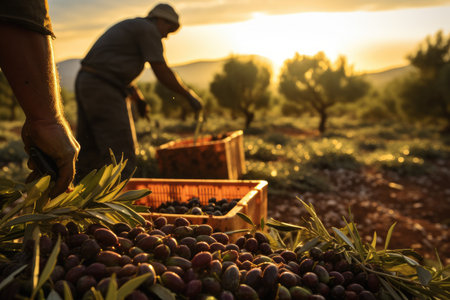 A man gathers ripe olives from a tree as the sun sets in the background, Organic olives being harvested in the Mediterranean scenery, AI Generatedの素材