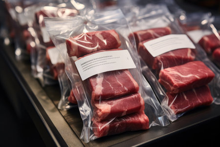 A variety of fresh raw meat, securely packed in plastic wrapping, ready for storage or cooking., packaged lab-grown meat samples, poised for sale, AI Generatedの素材