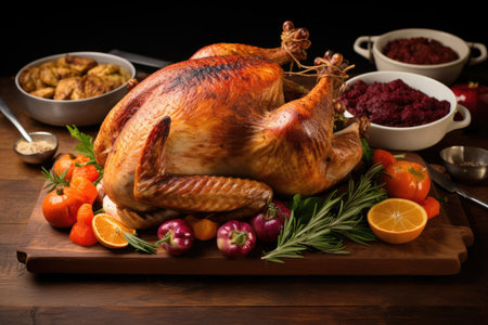 A delicious roasted turkey with cranberries, oranges, and herbs displayed on a cutting board., Overhead View of Whole Homemade Thanksgiving Turkey, AI Generatedの素材