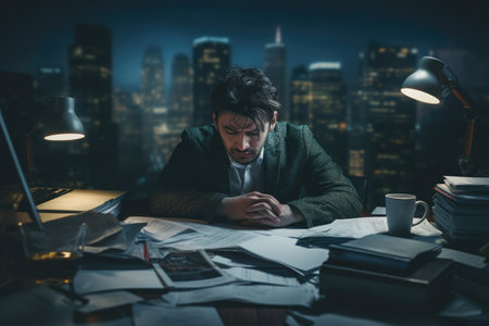 A man sits at a desk, surrounded by a pile of papers, with a focused expression on his face, Overworking stressed businessman working late at night, AI Generatedの素材