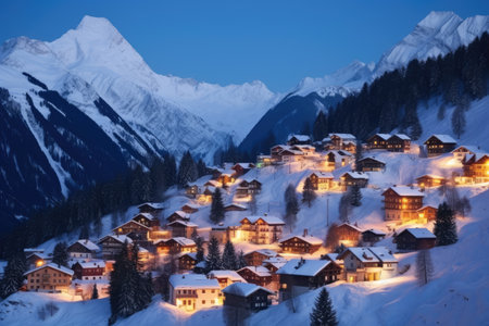 Gaze upon the magnificent ski resort as it glows vividly in the night, offering a breathtaking winter vista., Panoramic view of village in winter, mountain landscape on Christmas, AI Generatedの素材