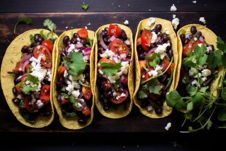 A photo showing four delicious tacos filled with black beans, tomatoes, cheese, and cilantro., overhead shot of black bean tacos with cheese, AI Generatedの素材