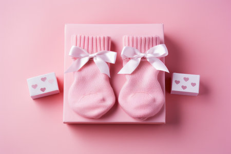 A pair of pink socks featuring a white bow, displayed against a pink background., Pair of small baby socks and gift box on pink background with copy space, AI Generatedの素材