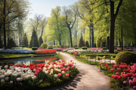 Capture the beauty of nature with this serene painting of a garden filled with colorful flowers and lush trees., Panoramic view to spring flowers in the park, AI Generatedの素材