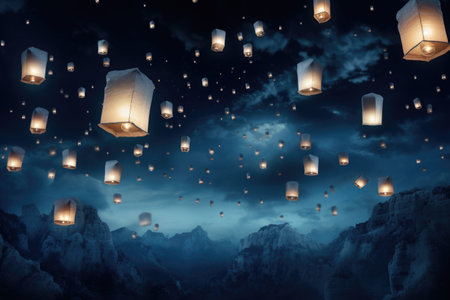 A mesmerizing sight of numerous paper lanterns illuminating the night sky., paper lanterns floating in a night sky, AI Generatedの素材