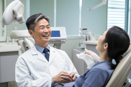 A man sits in a dentist chair next to a woman during a dental procedure., Patient and dentist laughing, AI Generatedの素材