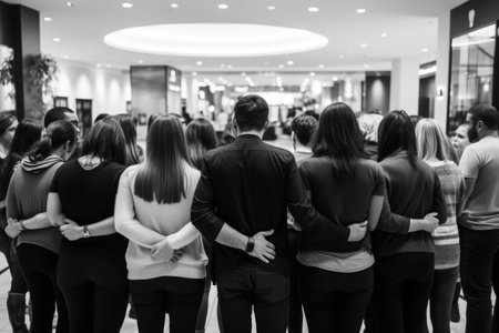 A diverse group of individuals stand together in a lobby, prepared to take decisive action, People huddled during a countdown to a product launch, AI Generatedの素材