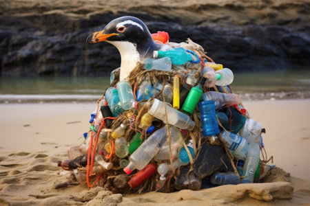 An image of a penguin sitting on top of a pile of plastic bottles in its polluted environment., Penguin on the beach with garbage, Plastic waste, AI Generatedの素材