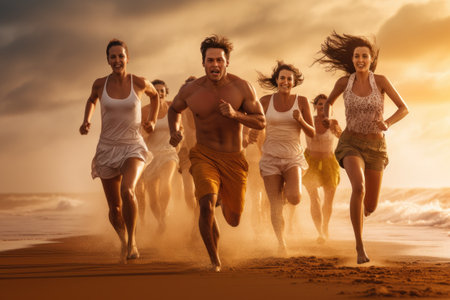 A diverse group of individuals running together on a sandy beach, relishing in the joy of outdoor exercise., people group running on the beach, AI Generatedの素材