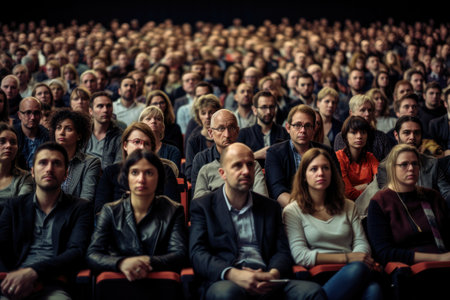 A diverse gathering of individuals sitting together while facing a large crowd during a special event., People in audience at the conference hall, AI Generatedの素材