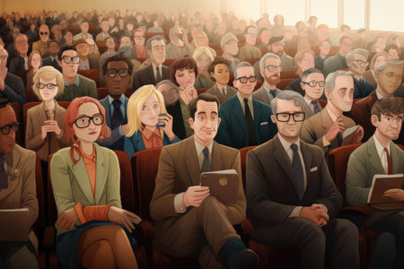 A diverse and engaged gathering of individuals sitting together in a room, attentively listening or participating in a meeting, conference, or presentation., People on conference, AI Generatedの素材