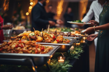 A diverse selection of mouthwatering dishes awaiting guests in a bustling buffet line., People group catering buffet food indoor in restaurant, AI Generatedの素材