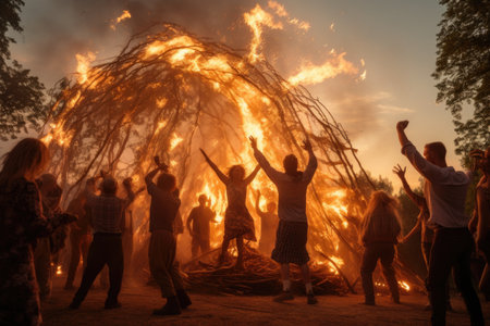 A diverse group of individuals standing together in a circle around a fire pit under a starry night sky, People dancing around a bonfire during a traditional midsummer festival, AI Generatedの素材