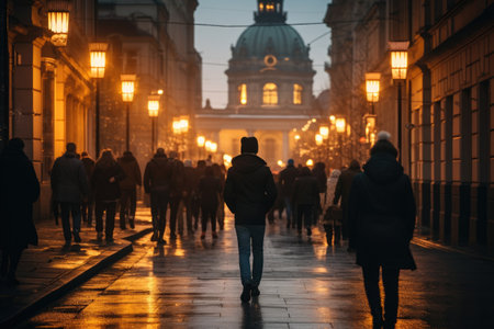A group of individuals confidently walk down a dimly lit street, shrouded in darkness, captivated by the urban night scene., people walking on the streets of europe in the evening, AI Generatedの素材