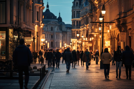 A diverse group of individuals walking along a bustling city street lined with towering skyscrapers., people walking on the streets of europe in the evening, AI Generatedの素材