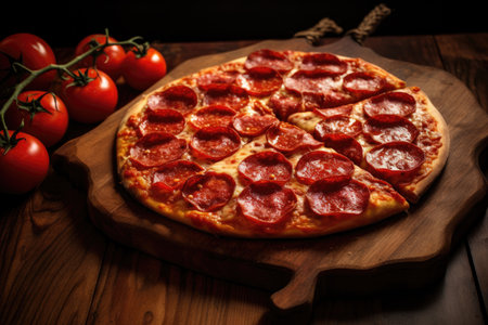 A delicious pepperoni pizza sits on a cutting board next to fresh tomatoes., pepperoni pizza on wooden board, AI Generatedの素材