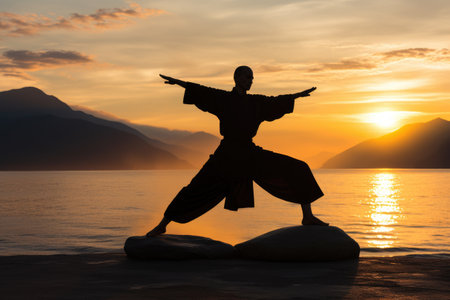 A person stands on a rock, looking out at a beautiful body of water, Person achieving balance and harmony through Tai Chi, AI Generatedの素材