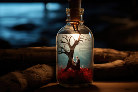A stunning bottle with an intricately designed picture of a tree inside, bringing together the beauty of nature and art, Personalized message in a bottle as a Valentine's Day gift, AI Generatedの素材