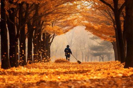 A person with a broom walks through a dense forest, surrounded by towering trees and dappled sunlight., Person rake leaves in autumn, AI Generatedの素材