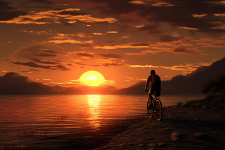 A man is seen riding a bike on top of a sandy beach with a beautiful view of the ocean., person rides a bicycle during the beautiful sunset, AI Generatedの素材