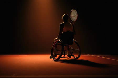 A person in a wheelchair engaging in active and inclusive recreation by holding a tennis racket., Photo of a woman in a wheelchair holding a tennis racket, AI Generatedの素材